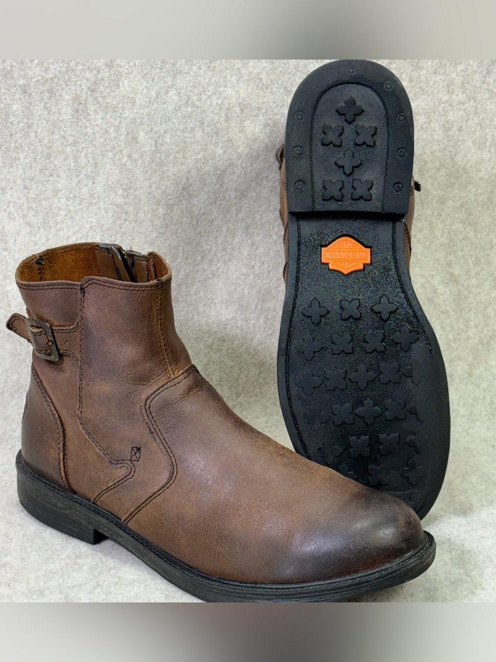 Harley-Davidson Vintage Brown Leather Zip & Buckle Ankle Boots Men’s Sz 11